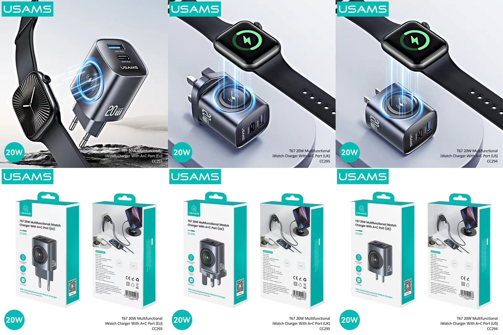 USAMS Chargeur 3-en-1 - iPhone + Apple Watch